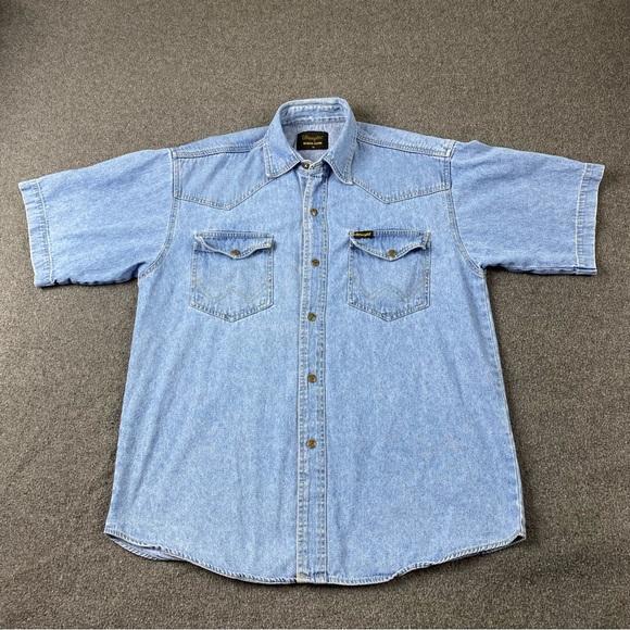 Vintage Wrangler Western Snap Button Denim Polo Shirt Men’s Sz M. Made In Canada - Picture 1 of 12